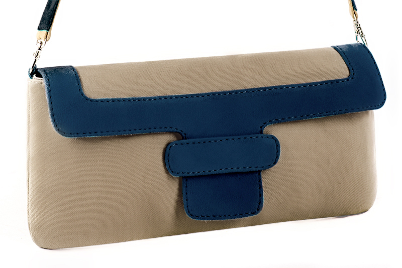 Tan beige and navy blue women's dress clutch, for weddings, ceremonies, cocktails and parties. Front view - Florence KOOIJMAN